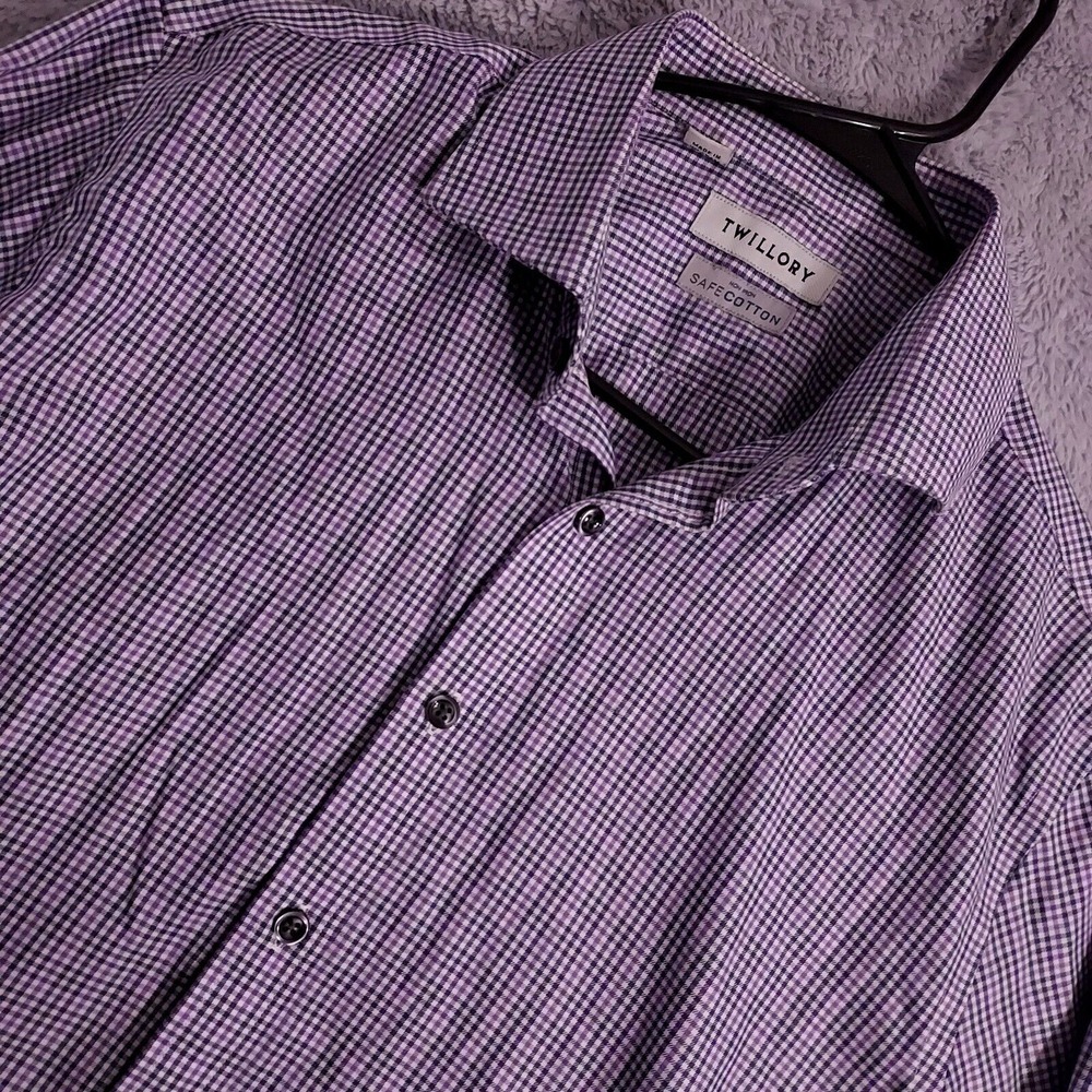 Twillory Shirt Mens 16 32 33 Slim Fit Plaid Purple Safe Cotton Preppy TEAR FLAW